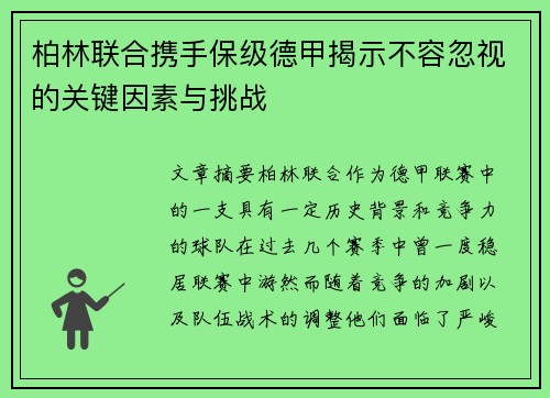 柏林联合携手保级德甲揭示不容忽视的关键因素与挑战