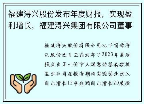 福建浔兴股份发布年度财报，实现盈利增长，福建浔兴集团有限公司董事长