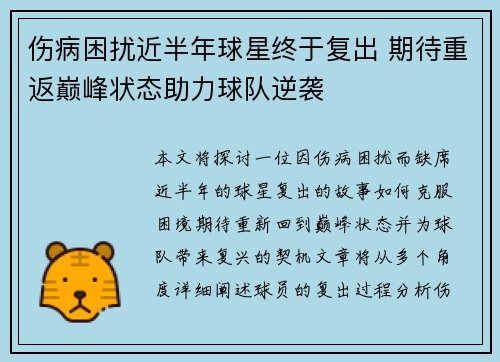 伤病困扰近半年球星终于复出 期待重返巅峰状态助力球队逆袭