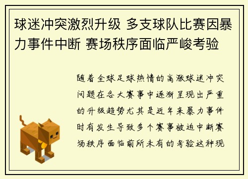球迷冲突激烈升级 多支球队比赛因暴力事件中断 赛场秩序面临严峻考验